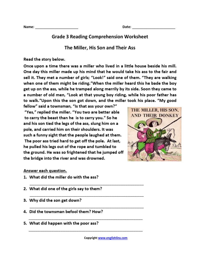 Grade 3 Reading Comprehension Worksheet The Miller, His Son and Their Ass |  PDF