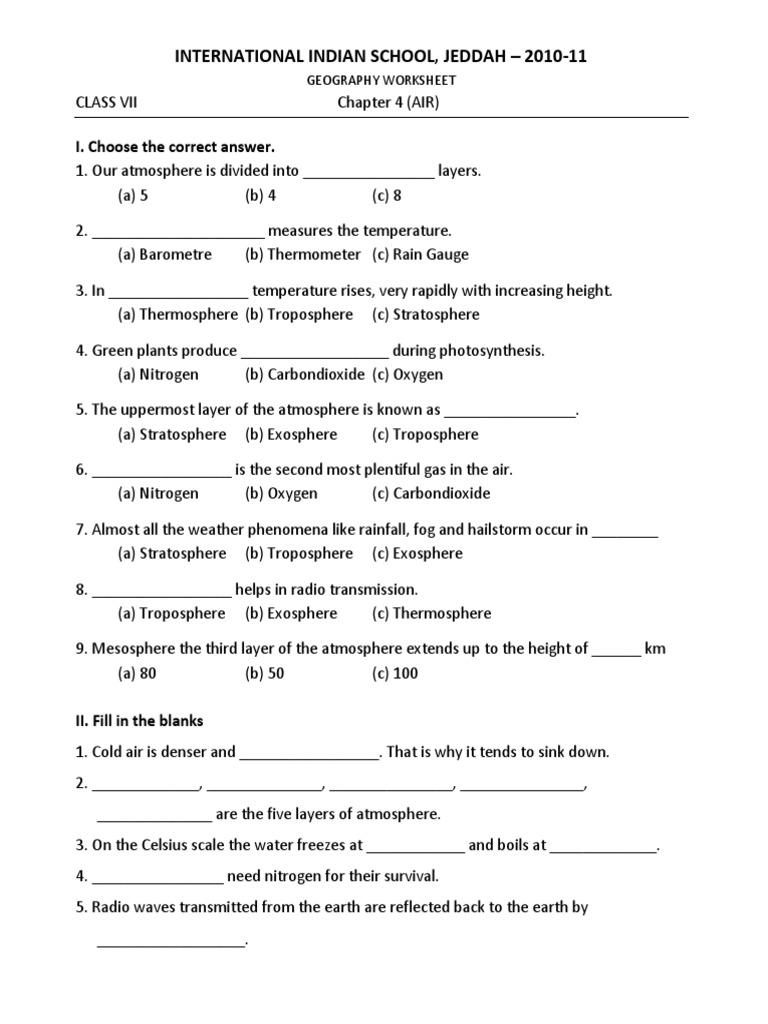 cbse class 7 geography worksheets 11 air pdf atmosphere of earth atmosphere