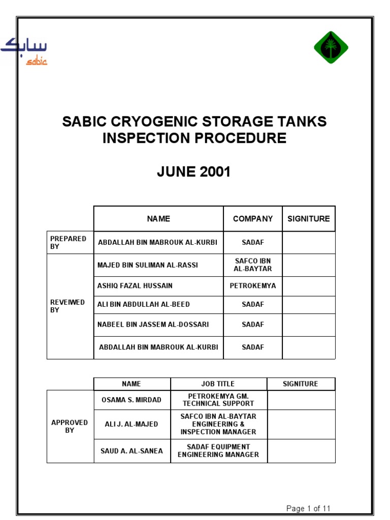 Criogenic Storage Tank Inspection Procedure PDF Nondestructive