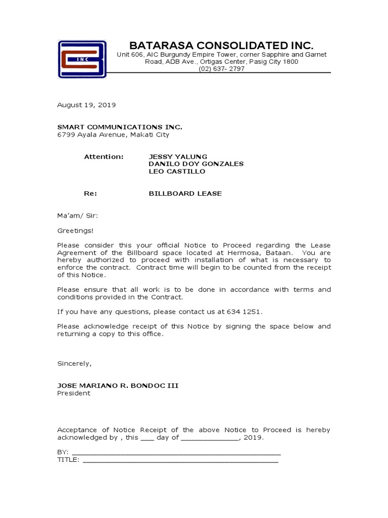 Sample Notice to Proceed Template