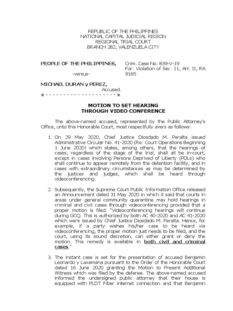 motion to set hearing thru video conference duran Judge Videotelephony