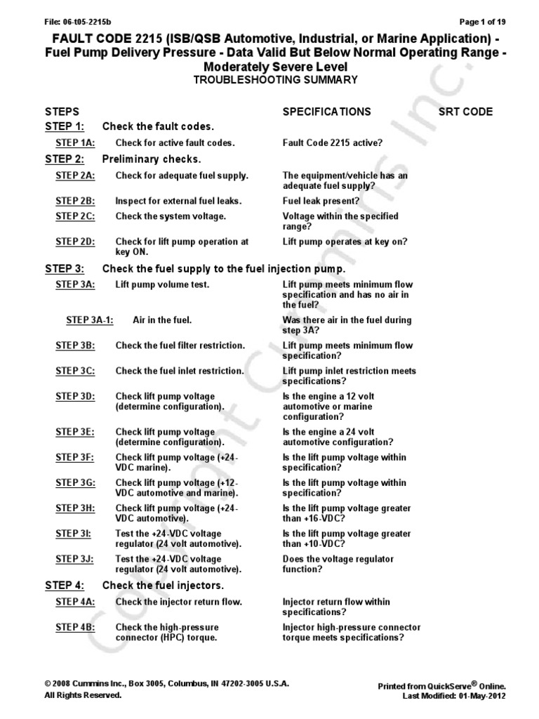 FAULT CODE 2215 (ISB/QSB Automotive, Industrial, or Marine Application