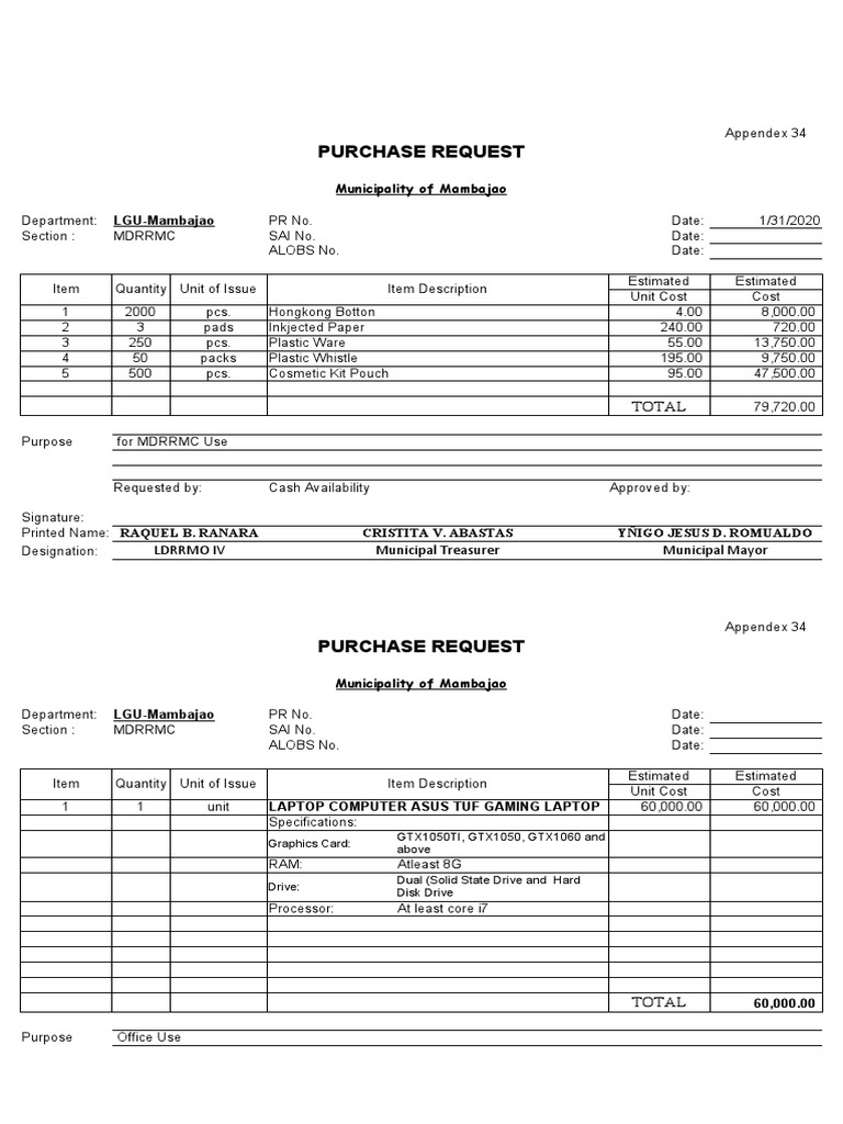 Purchase Request: Municipality of Mambajao LGU-Mambajao | PDF ...