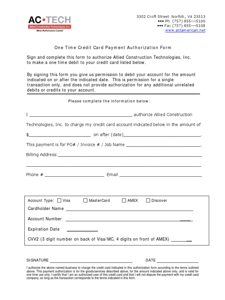 One Time Credit Card Payment Authorization Form: Please Complete The ...