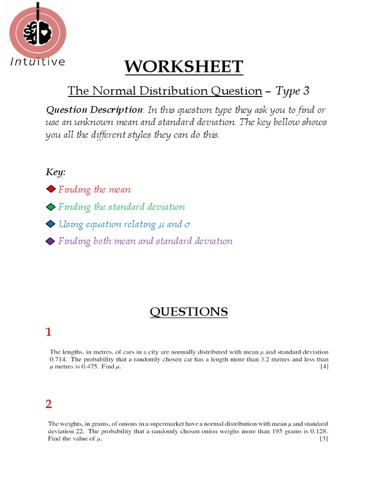 Normal Distribution Worksheet - Type 3