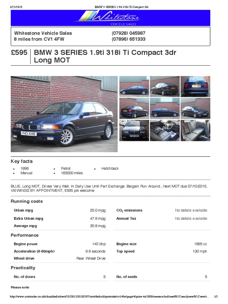 595 BMW 3 SERIES 1.9ti 318i Ti Compact 3dr Long MOT | PDF | Fuel ...