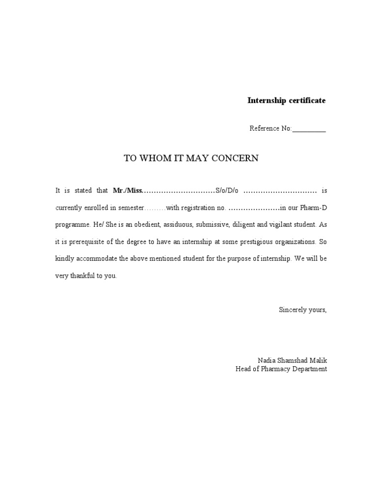 Internship certificate for Pharm-D student | PDF