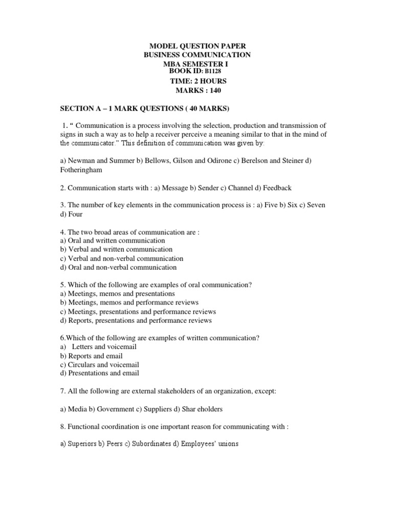 MBA Business Communication Question Paper | PDF | Memorandum ...