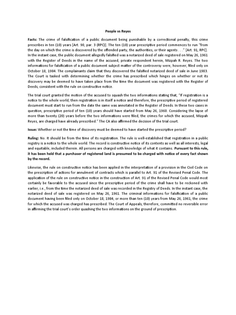 People Vs Reyes Download Free PDF Statute Of Limitations Notary