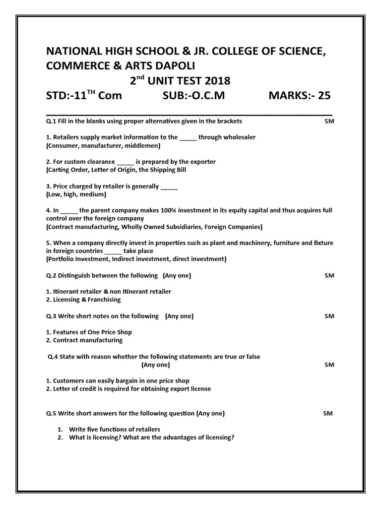 2nd Unit Test 2018-19 | PDF