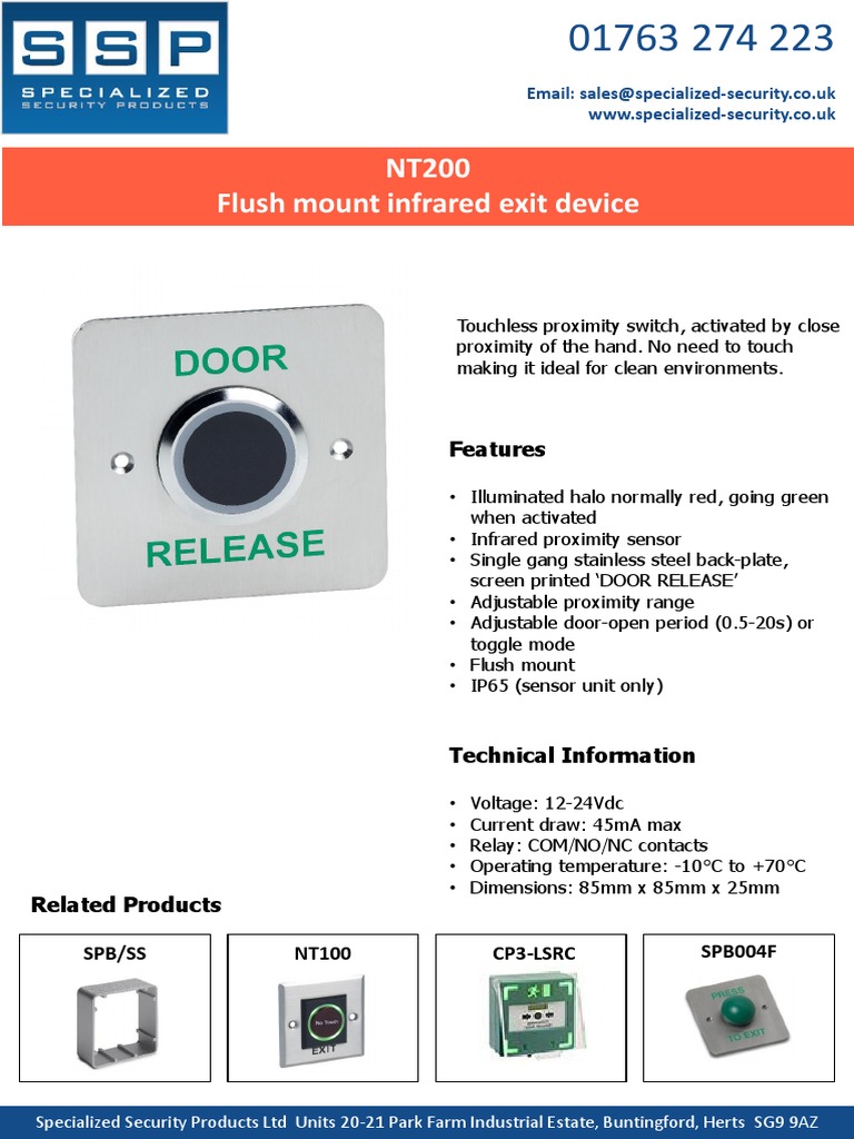 Touchless Infrared Exit Device NT200 | PDF