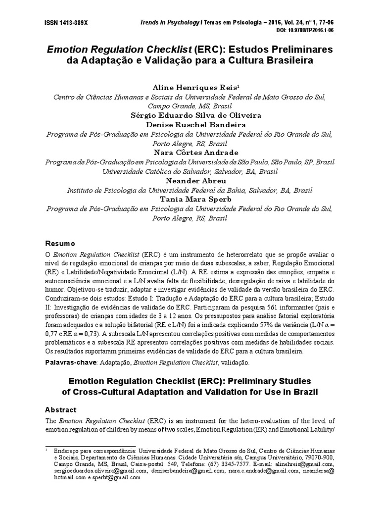 Adaptação do Emotion Regulation Checklist | PDF | Emoções | Teoria
