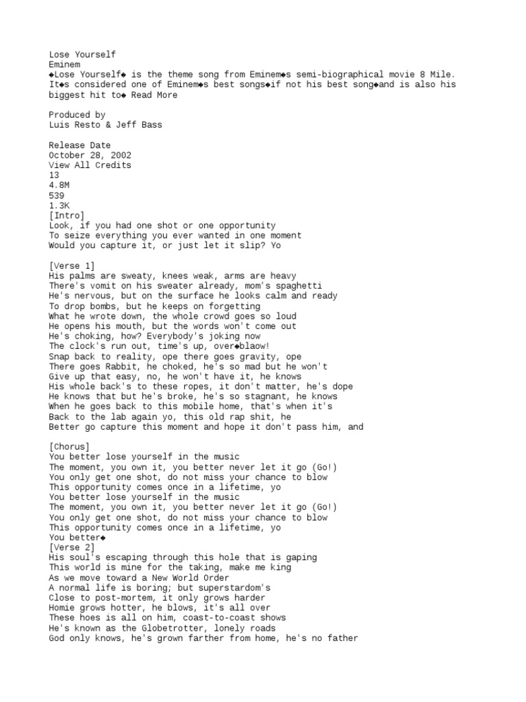 lose youself eminem lyrics | Hip Hop | Entertainment (General)
