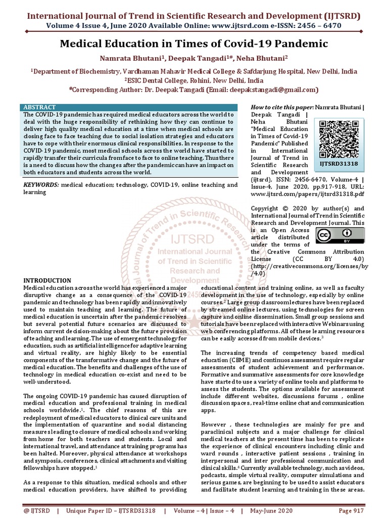Medical Education in Times of Covid 19 Pandemic | PDF | Medical ...