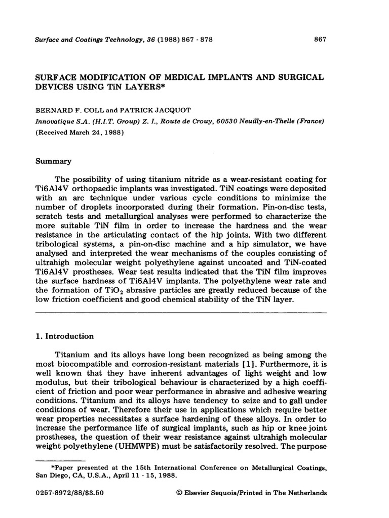 Surface and Coatings Technology, 36 (1988) 867 PDF Wear Titanium