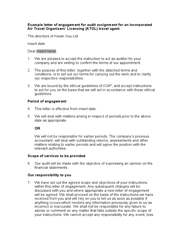 Audit Engagement Letter for ATOL Agent | PDF | Internal Control | Audit
