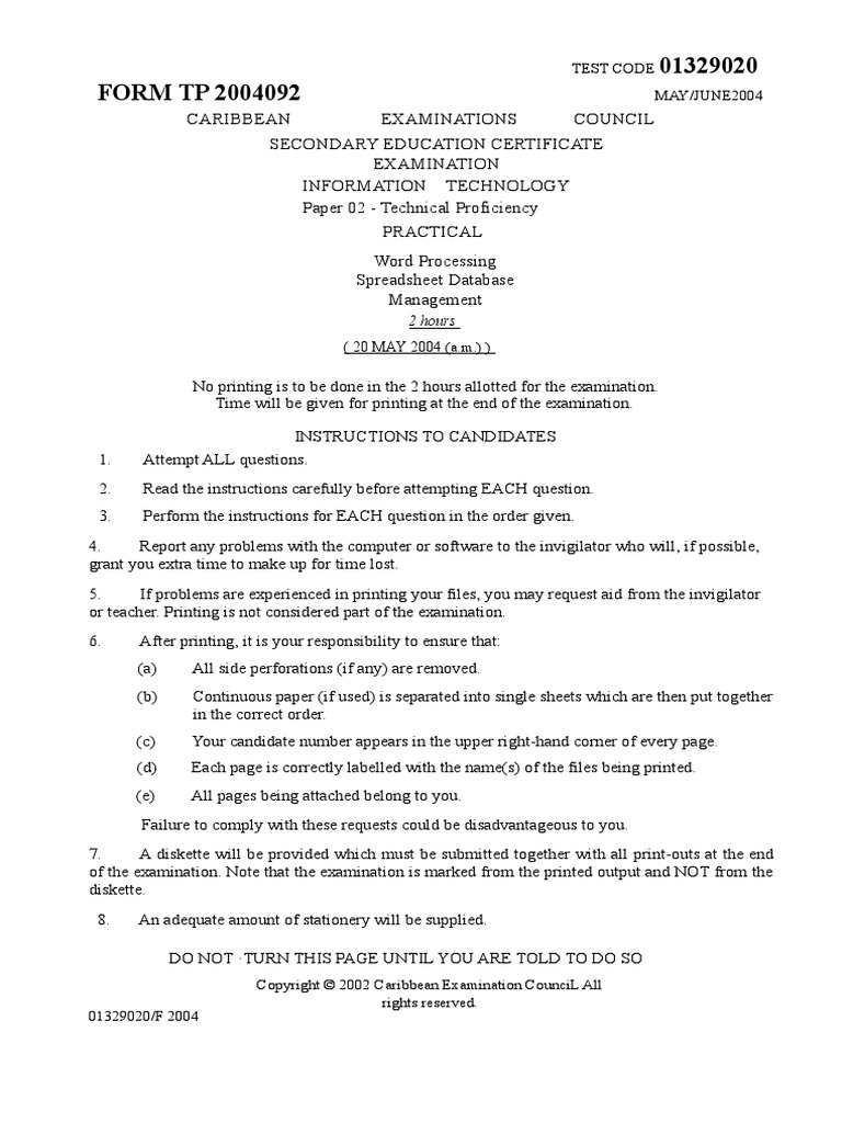 CSEC Information Technology Practical Paper - May 2004 | PDF ...