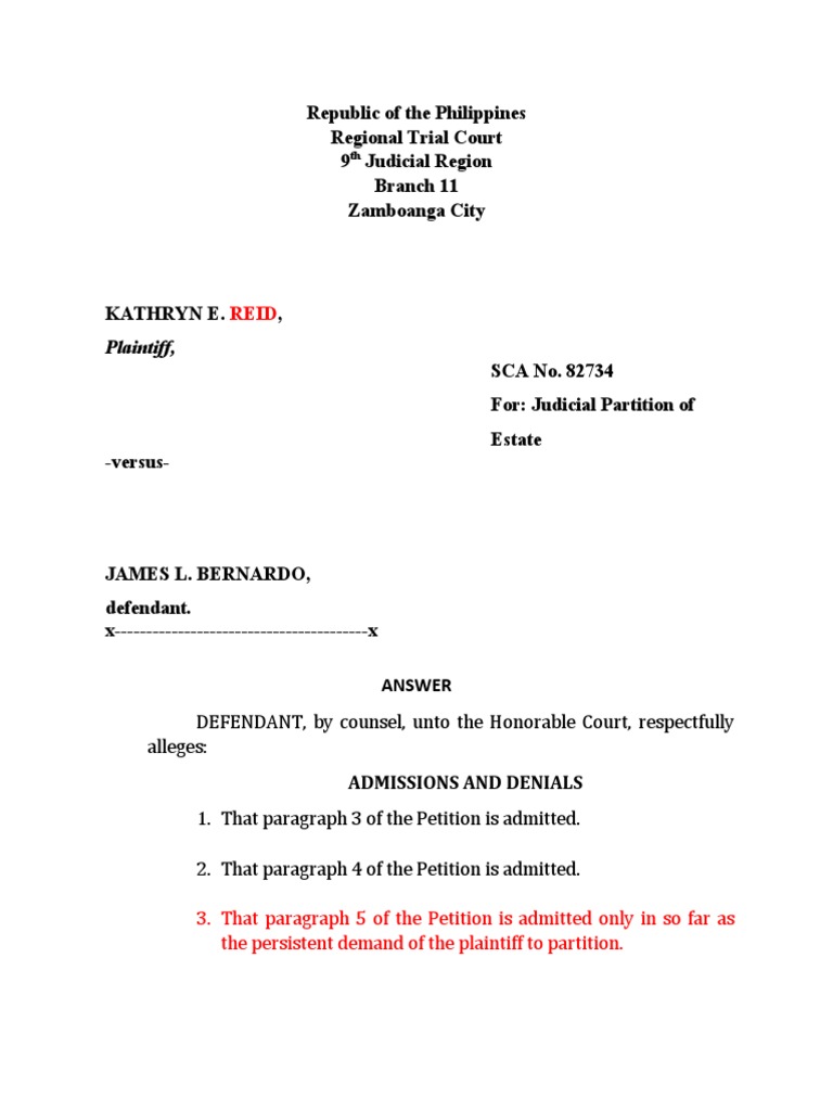 Edited AnswerToPetitionForPartition PDF Lawsuit Public Law