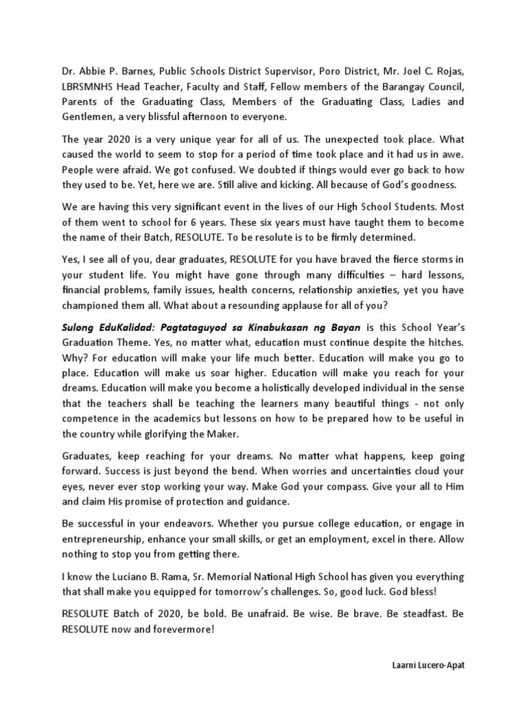 Graduation speech encouraging 2020 graduates to stay resolute PDF