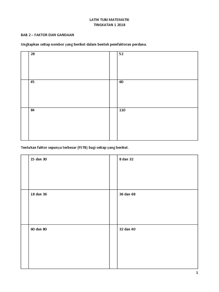 Latih Tubi Matematik T1 Faktor Dan Gandaan Pdf