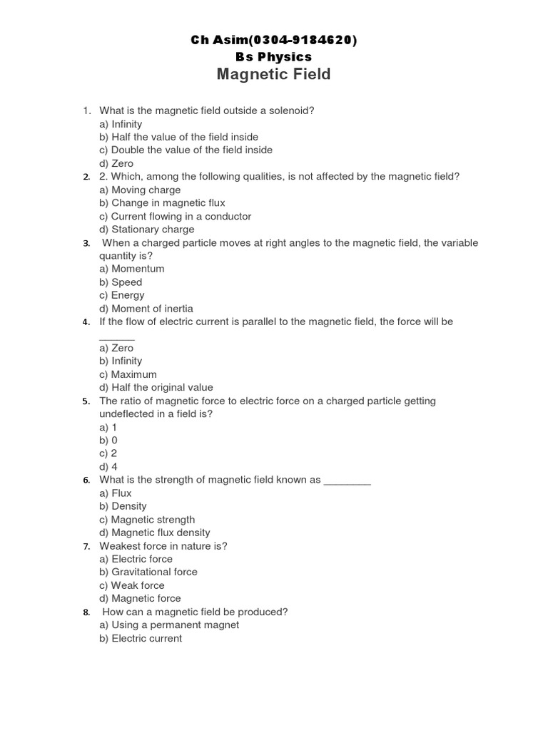 Magnetic Field MCQs for Class 12 | PDF | Magnetic Field | Force