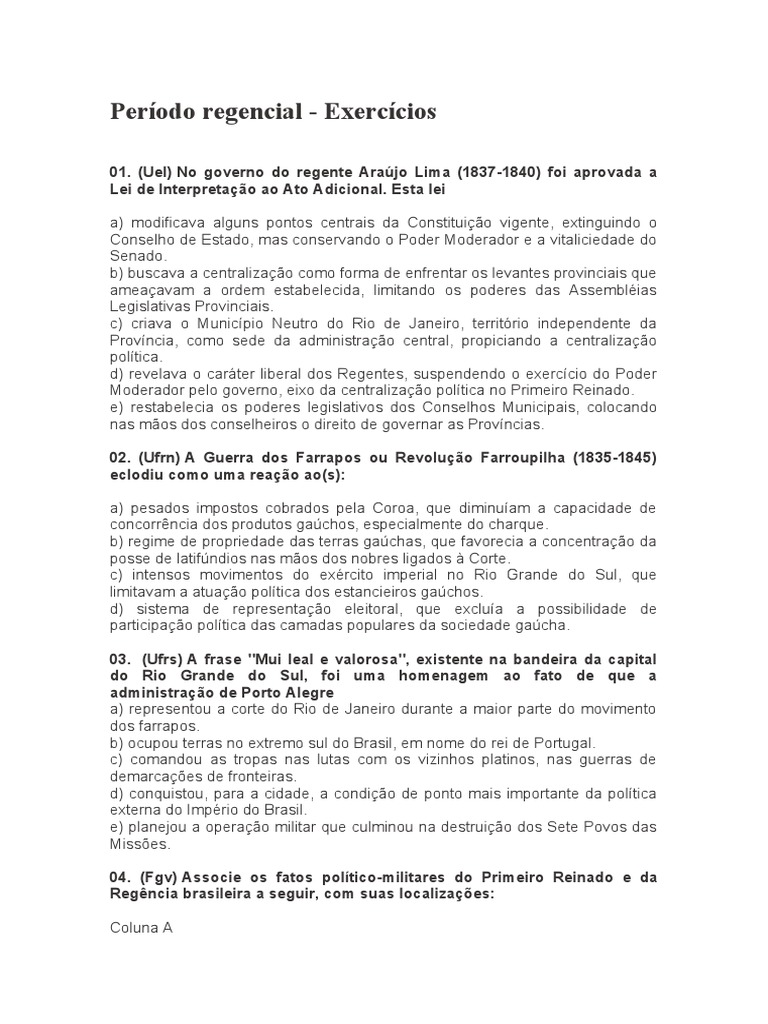 Exercícios sobre o Período Regencial | PDF | República | Brasil