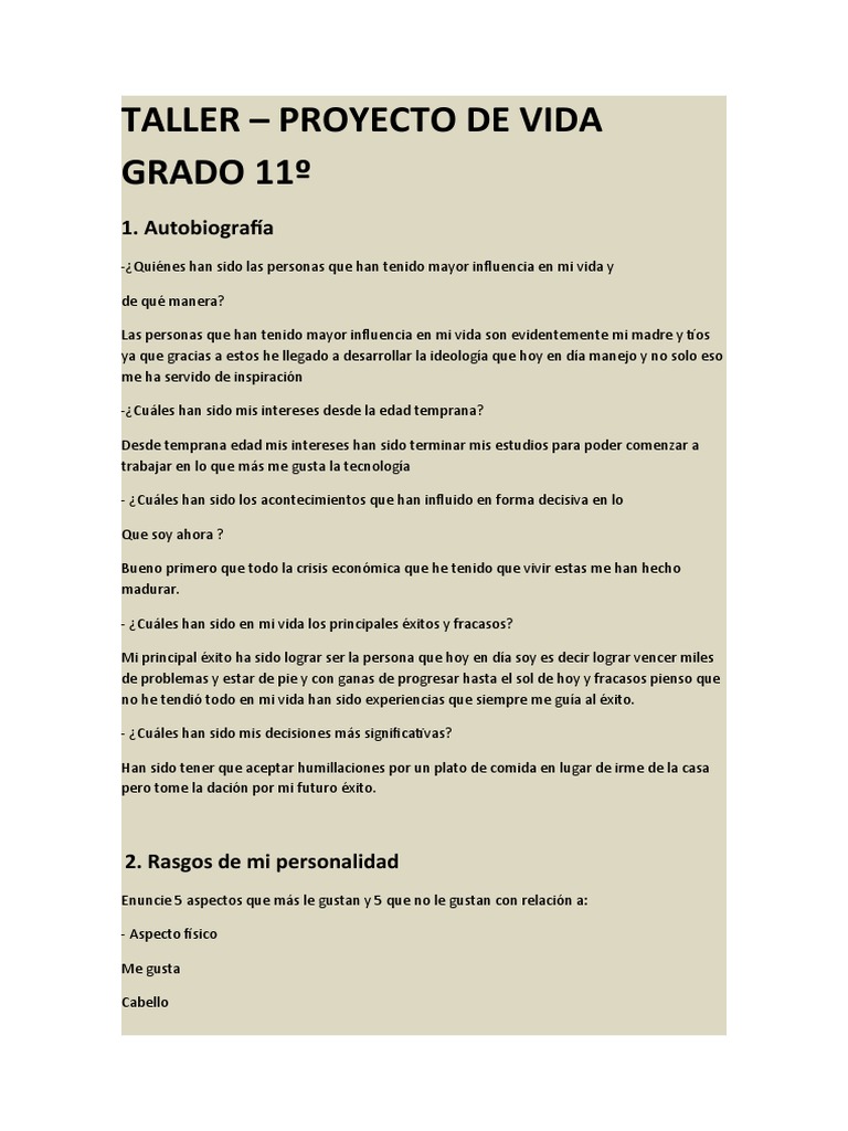 Taller - Proyecto de Vida Grado 11º | PDF