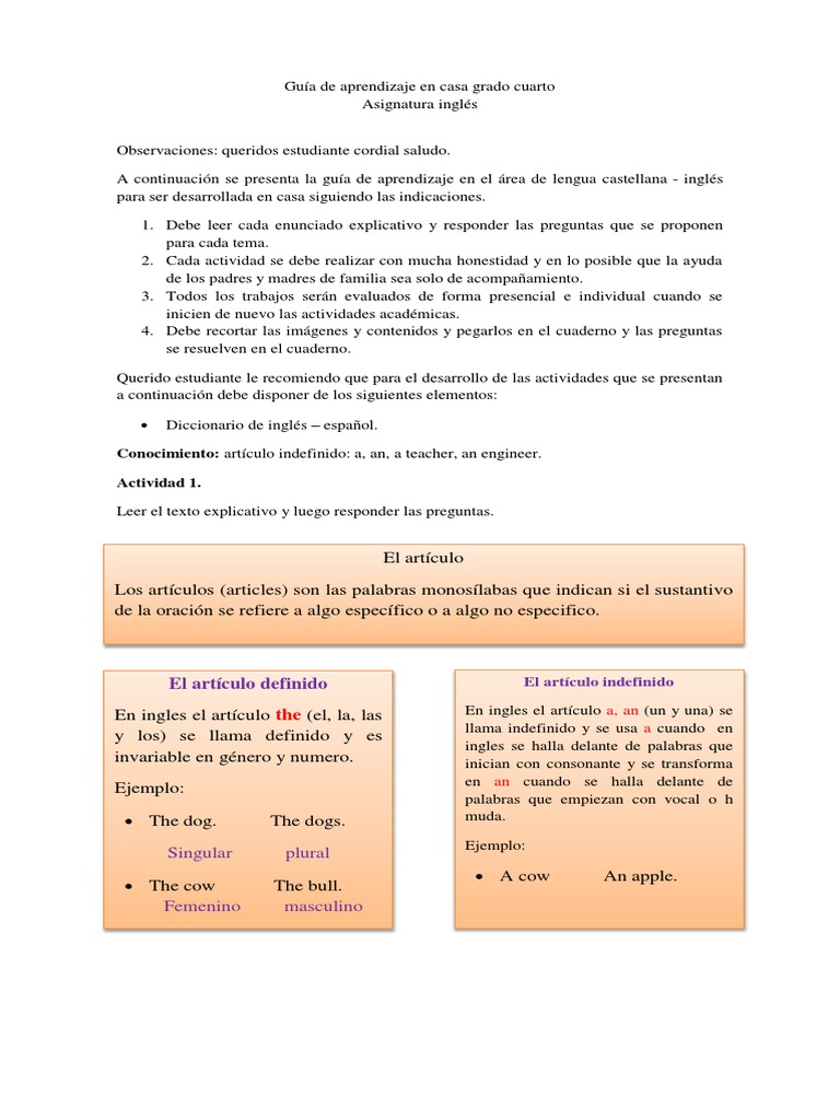 Guía de artículos en inglés para cuarto grado | PDF | Idioma en Inglés ...
