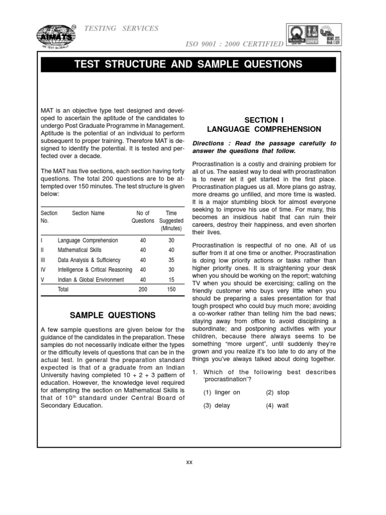 Test Structure and Sample Questions: Testing Services ISO 9001: 2000 ...