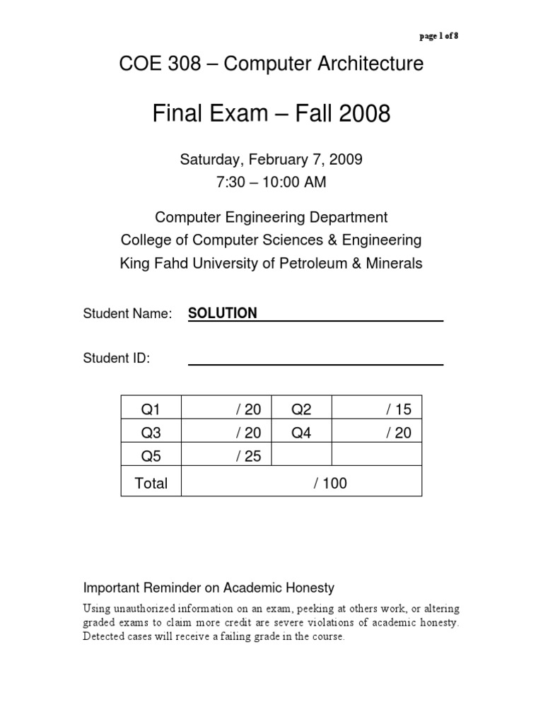 Final Exam - Fall 2008: COE 308 - Computer Architecture | PDF | Cpu ...