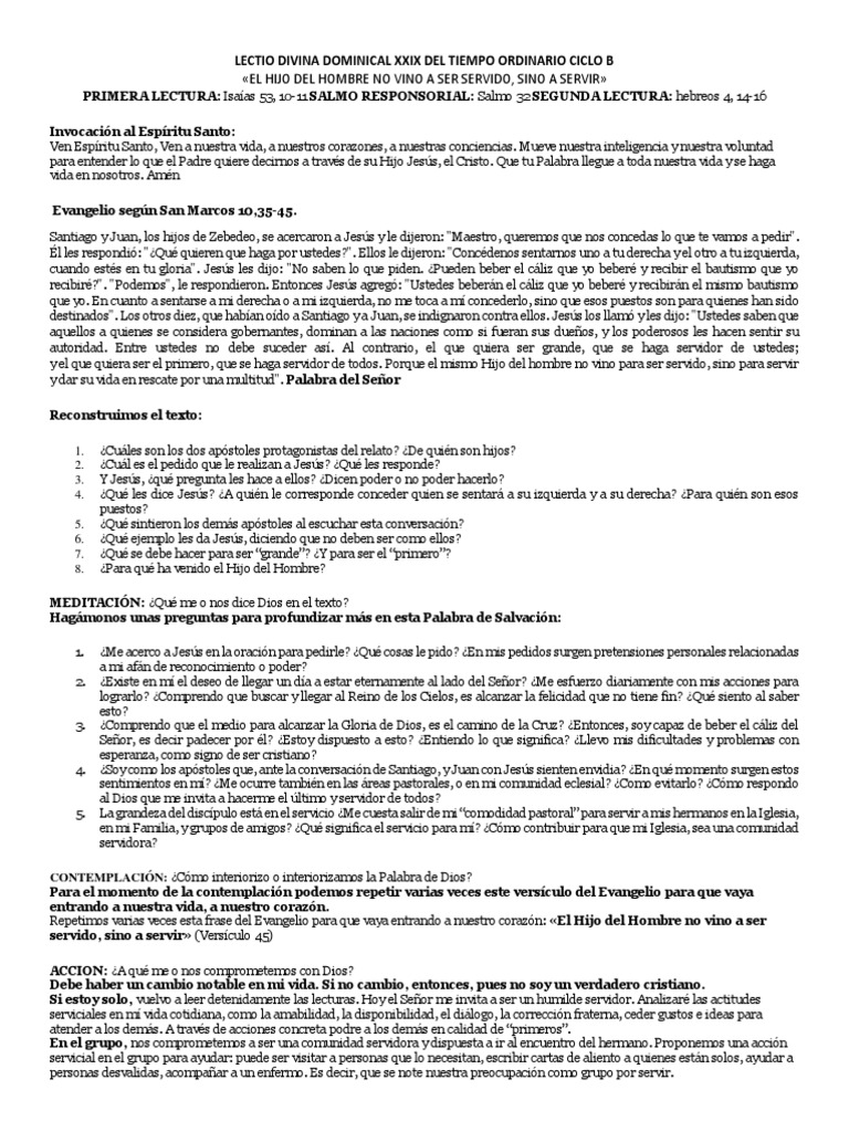 Lectio Divina Dominical XXIX Del Tiempo Ordinario Ciclo B | PDF | Jesús ...