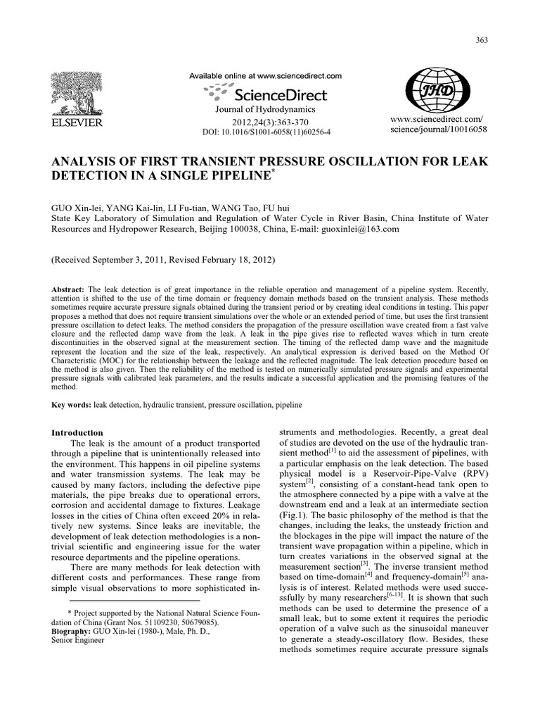 Analysis of First Transient Pressure Oscillation For Leak Detection in ...