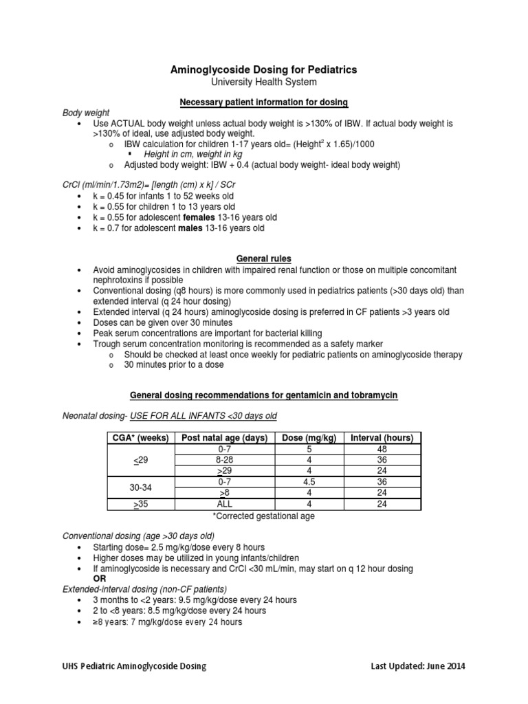 Pediatric Aminoglycoside Dosing Guide | PDF | Renal Function | Medical ...