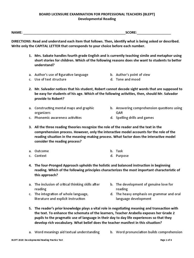BLEPT Developmental Reading Practice Test | PDF | Reading Comprehension ...
