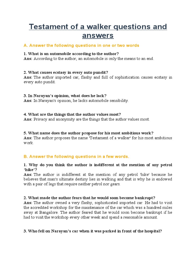 Testament of A Walker Questions and Answers A. Answer The Following(03)