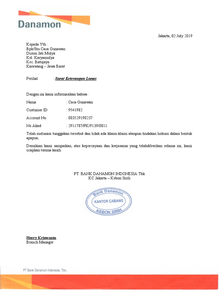 Contoh surat keterangan lunas dari bank Tarif bunga sanksi pajak 5.
