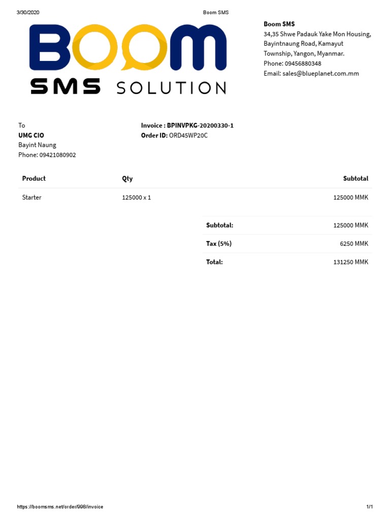 Invoice for Boom SMS Order | PDF