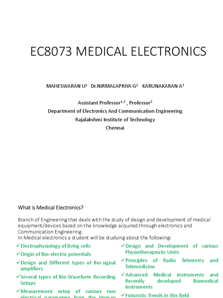 Medical Electronics Overview | PDF | Electrocardiography | Action Potential