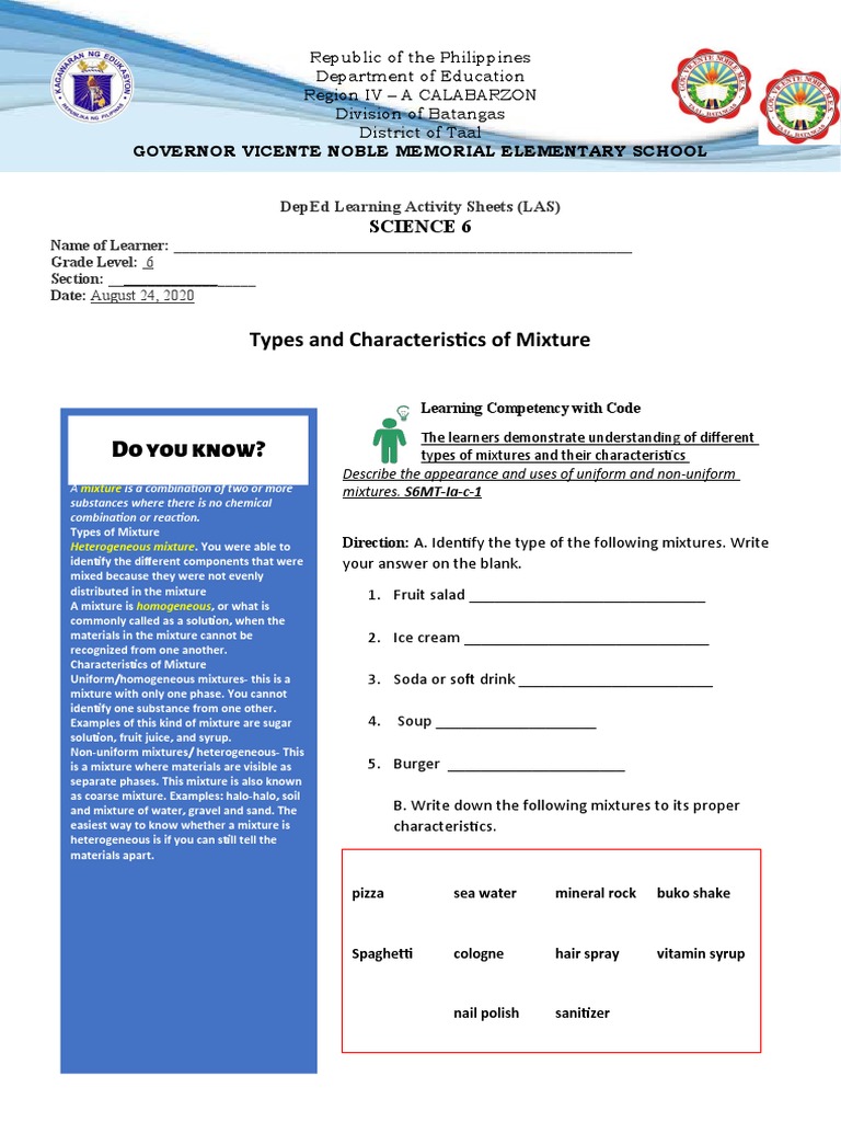 Melc Based Activity Sheet 1 Pdf Homogeneity And Heterogeneity Mixture