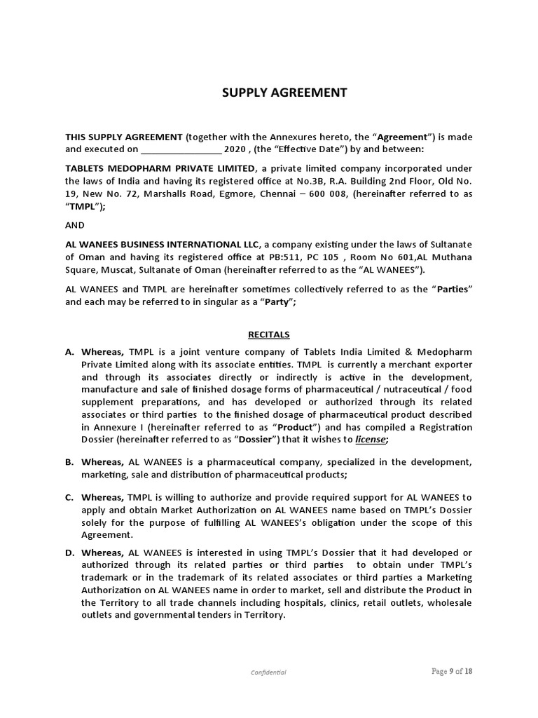 TMPL - ALWANEES - Supply Agreement - Draft - V1-7-4-2020 | PDF 