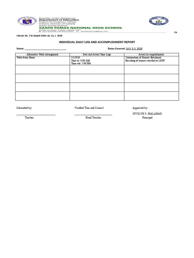 Individual daily log and accomplishment report for teacher work from