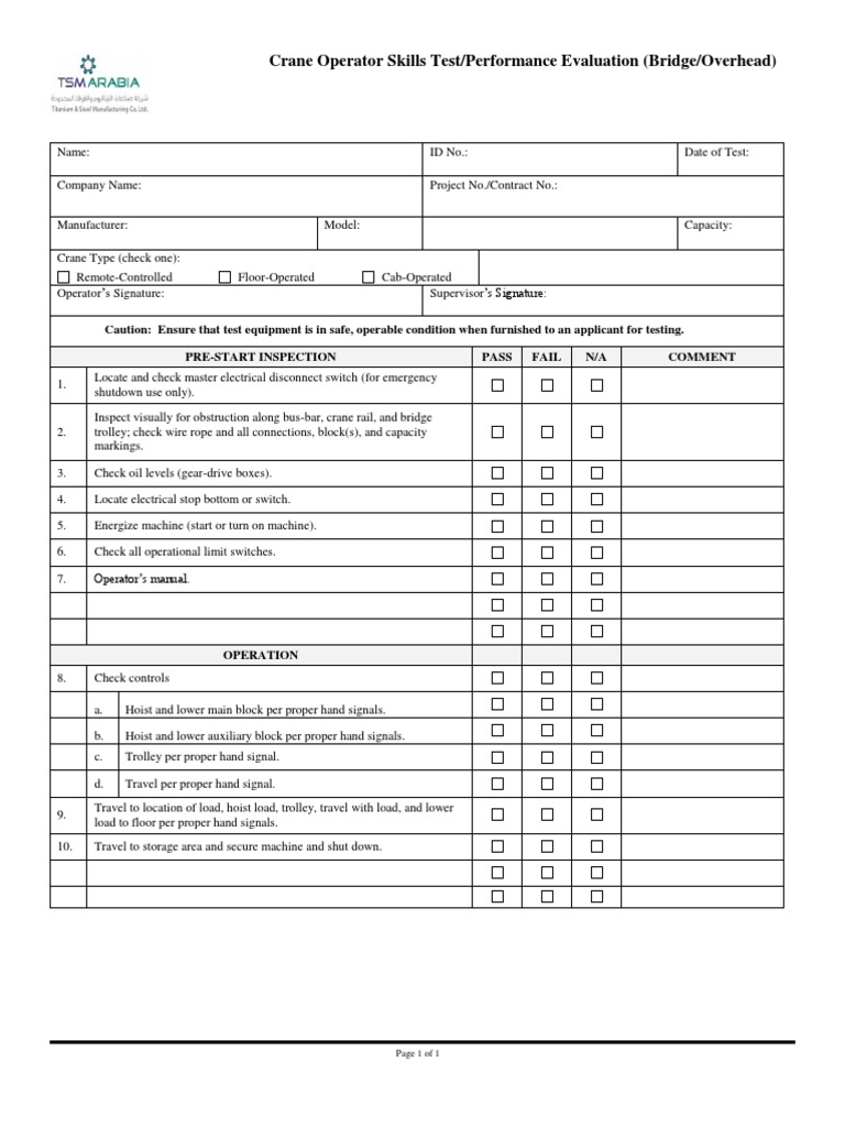 Crane Operator Skills Evaluation Form | PDF | Technology & Engineering