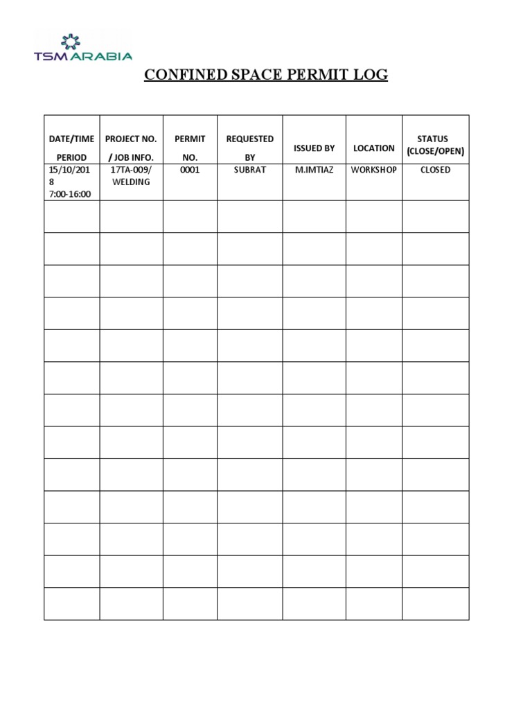 Confined Space Permit Log Template | PDF