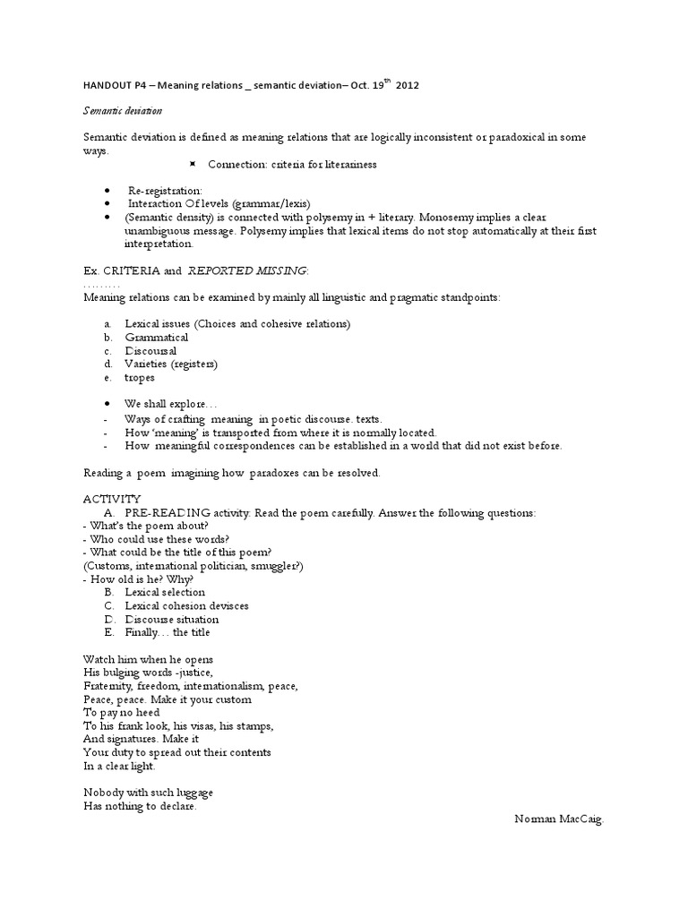 05.handout P4 - Semantic Deviation | PDF | Semantics | Poetry