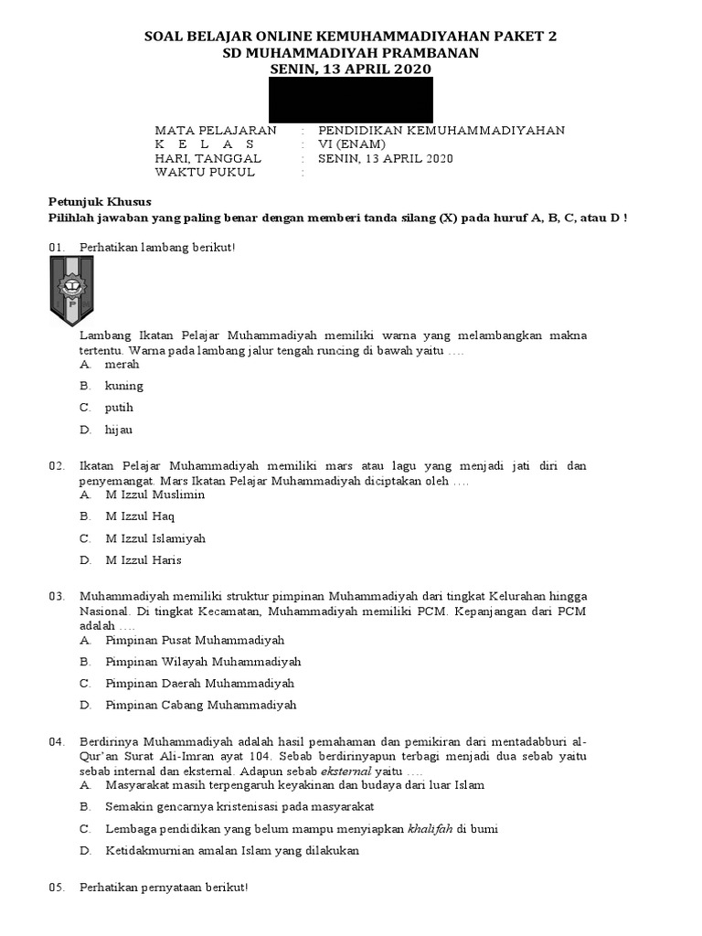 Soal Belajar Online Kemuhammadiyahan Paket 2