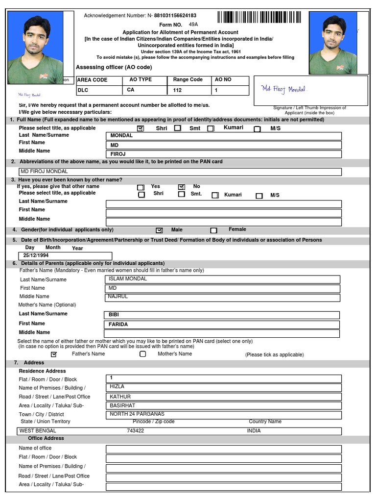 PAN Application Form for Individuals | PDF | Identity Document ...