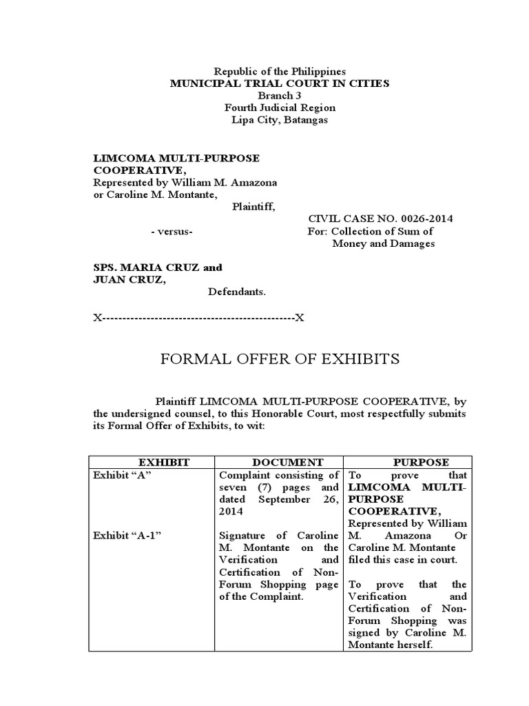 Formal Offer of Exhibits in Civil Case | PDF | Complaint | Affidavit