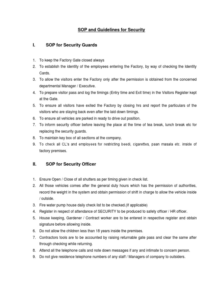 SOP and Guidelines For Security PDF Security Guard Firefighter
