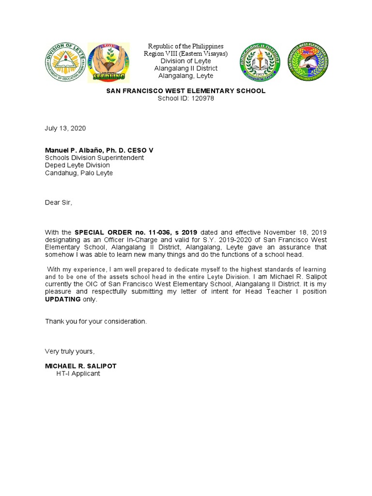 Letter of Intent For Head Teacher I PDF