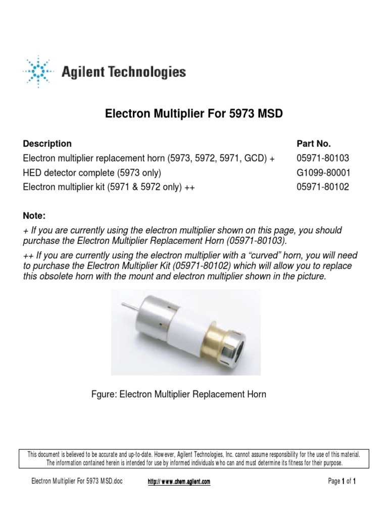 Electron Multiplier For 5973 MSD: Description No | PDF